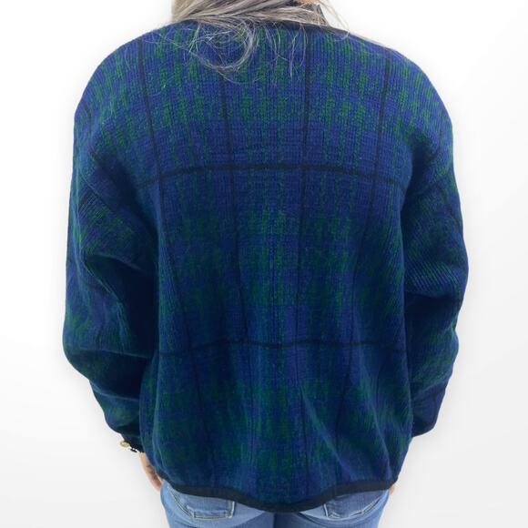 90s TALLY HO Green and Blue Plaid Gold Button Accent Button Up Cardigan - Picture 3 of 7